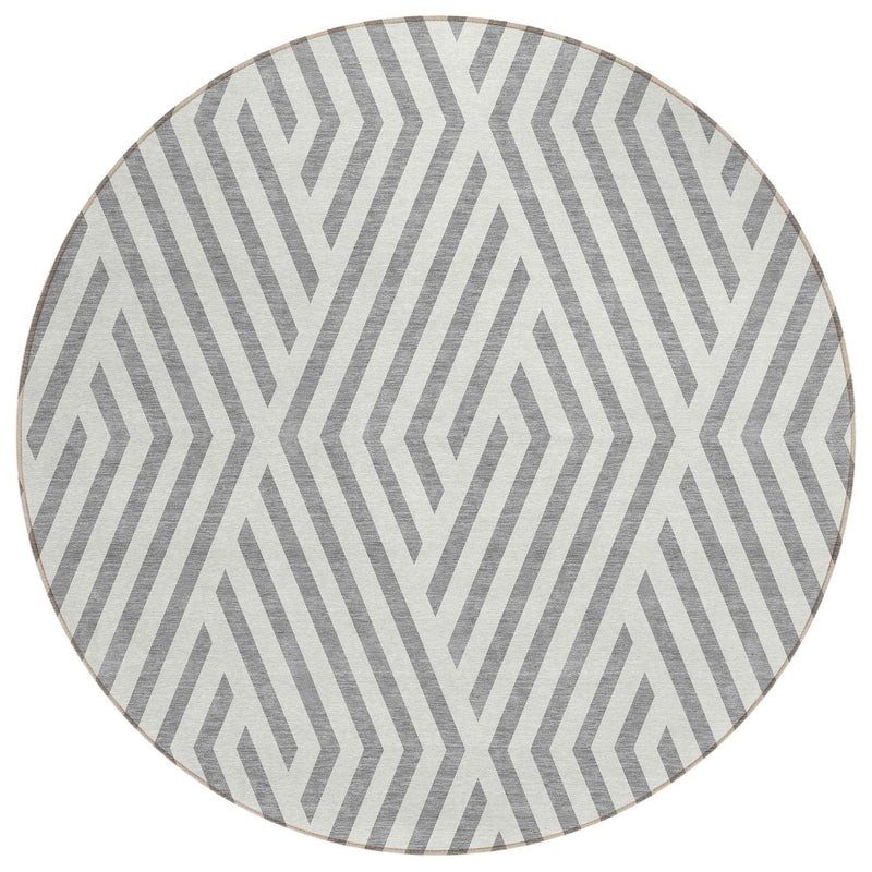 8' Gray And Ivory Round Geometric Washable Indoor Outdoor Area Rug