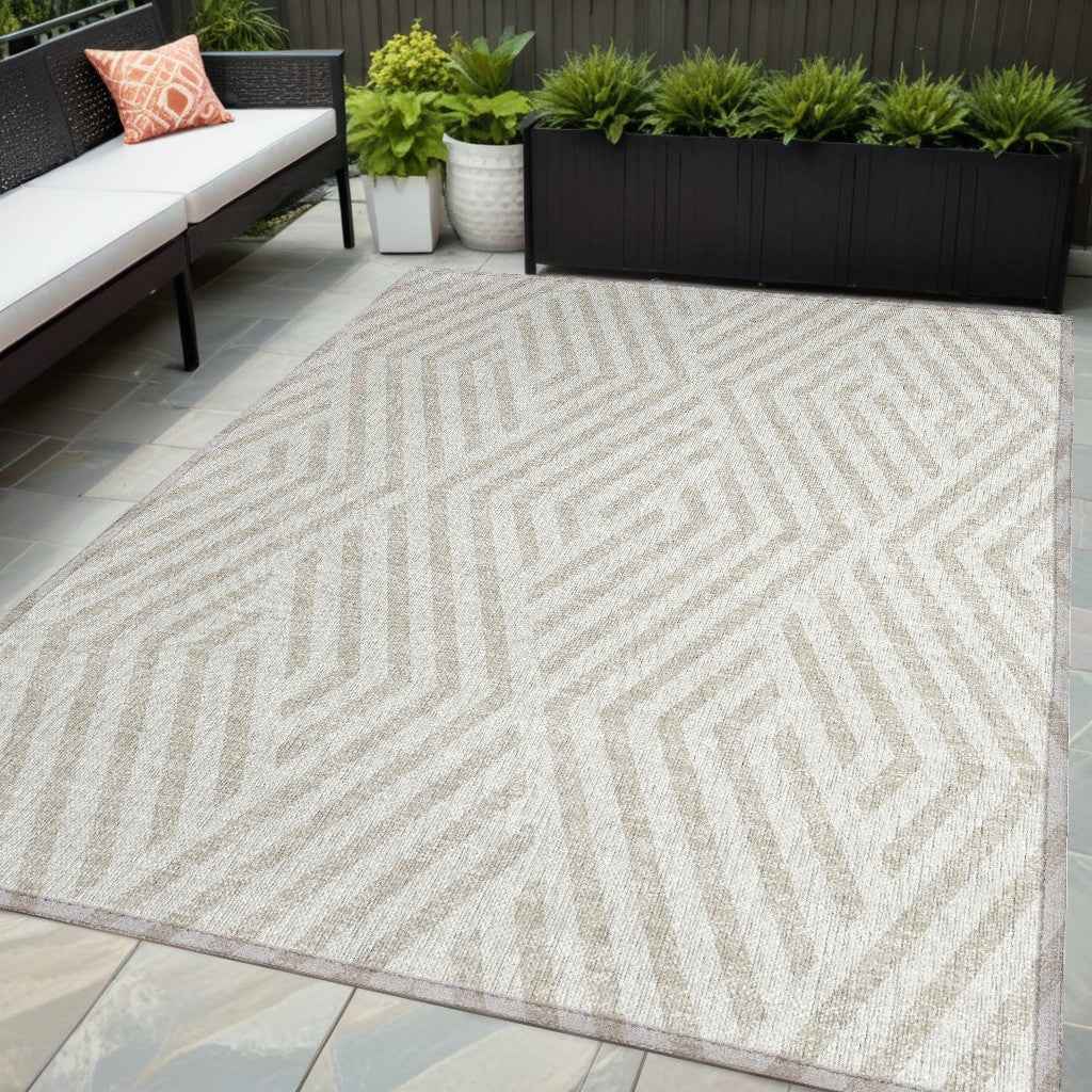 5' X 8' Beige and Ivory Geometric Washable Non Skid Indoor Outdoor Area Rug