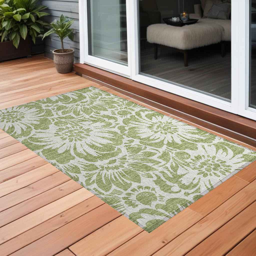 2' X 3' Green and Ivory Floral Washable Non Skid Indoor Outdoor Area Rug