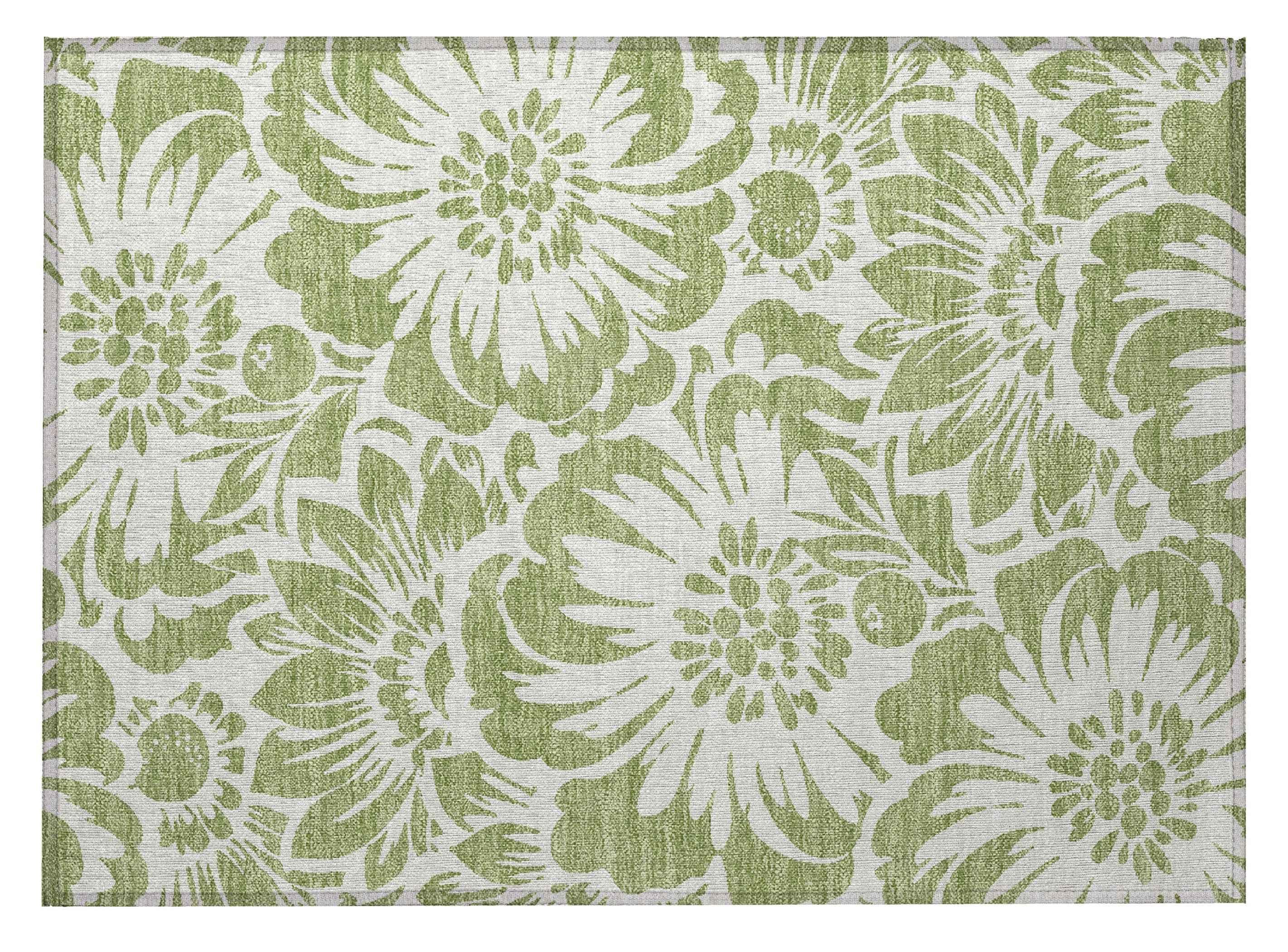 2' X 3' Green and Ivory Floral Washable Non Skid Indoor Outdoor Area Rug