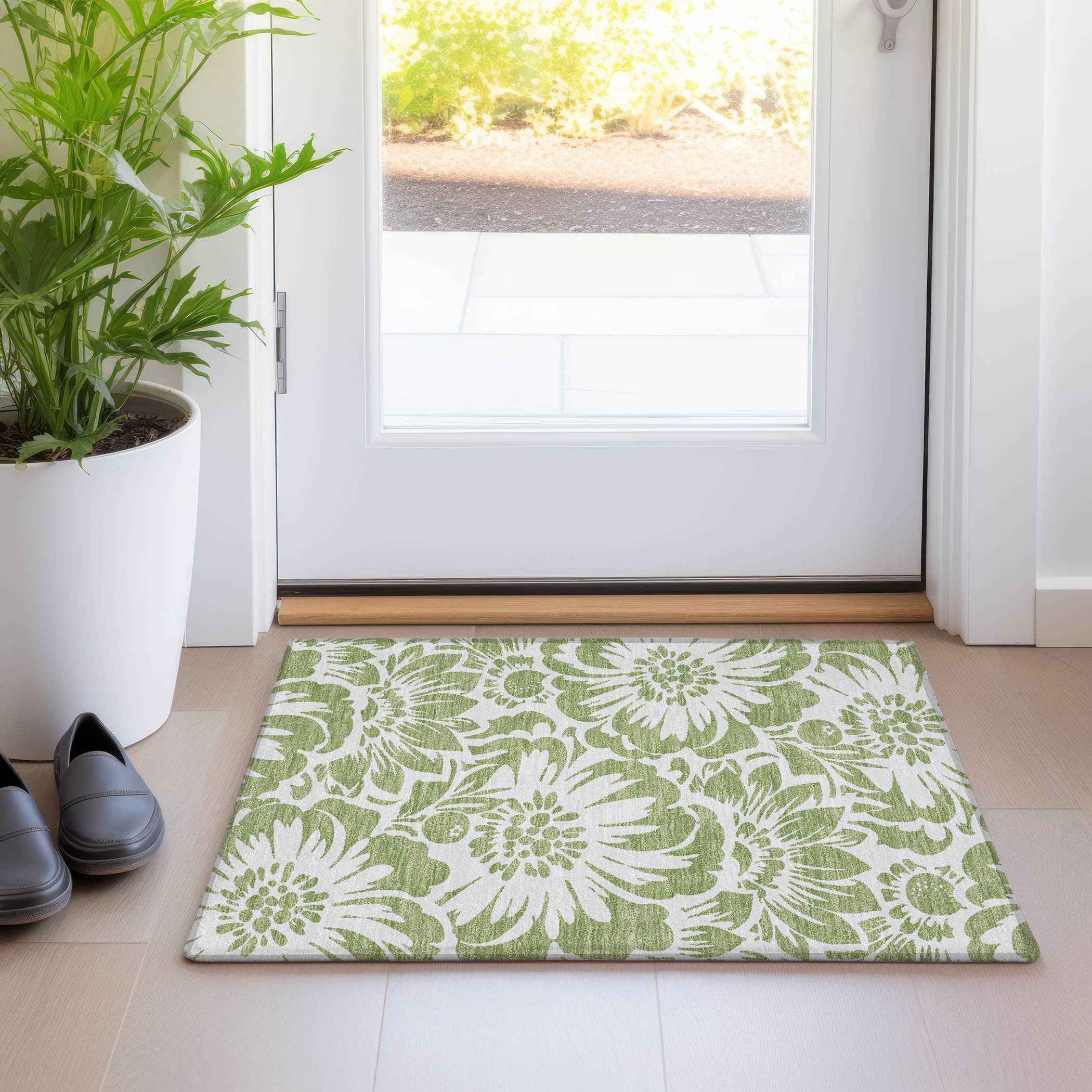 2' X 3' Green and Ivory Floral Washable Non Skid Indoor Outdoor Area Rug