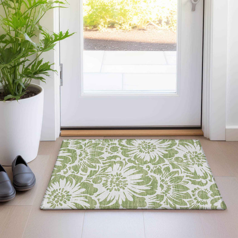 2' X 3' Green and Ivory Floral Washable Non Skid Indoor Outdoor Area Rug