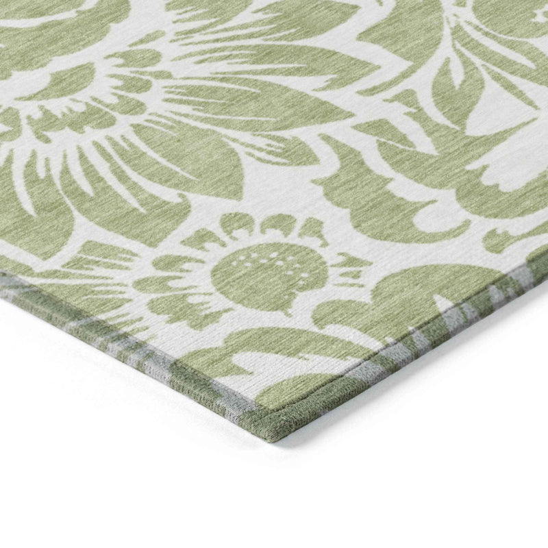 2' X 3' Green and Ivory Floral Washable Non Skid Indoor Outdoor Area Rug