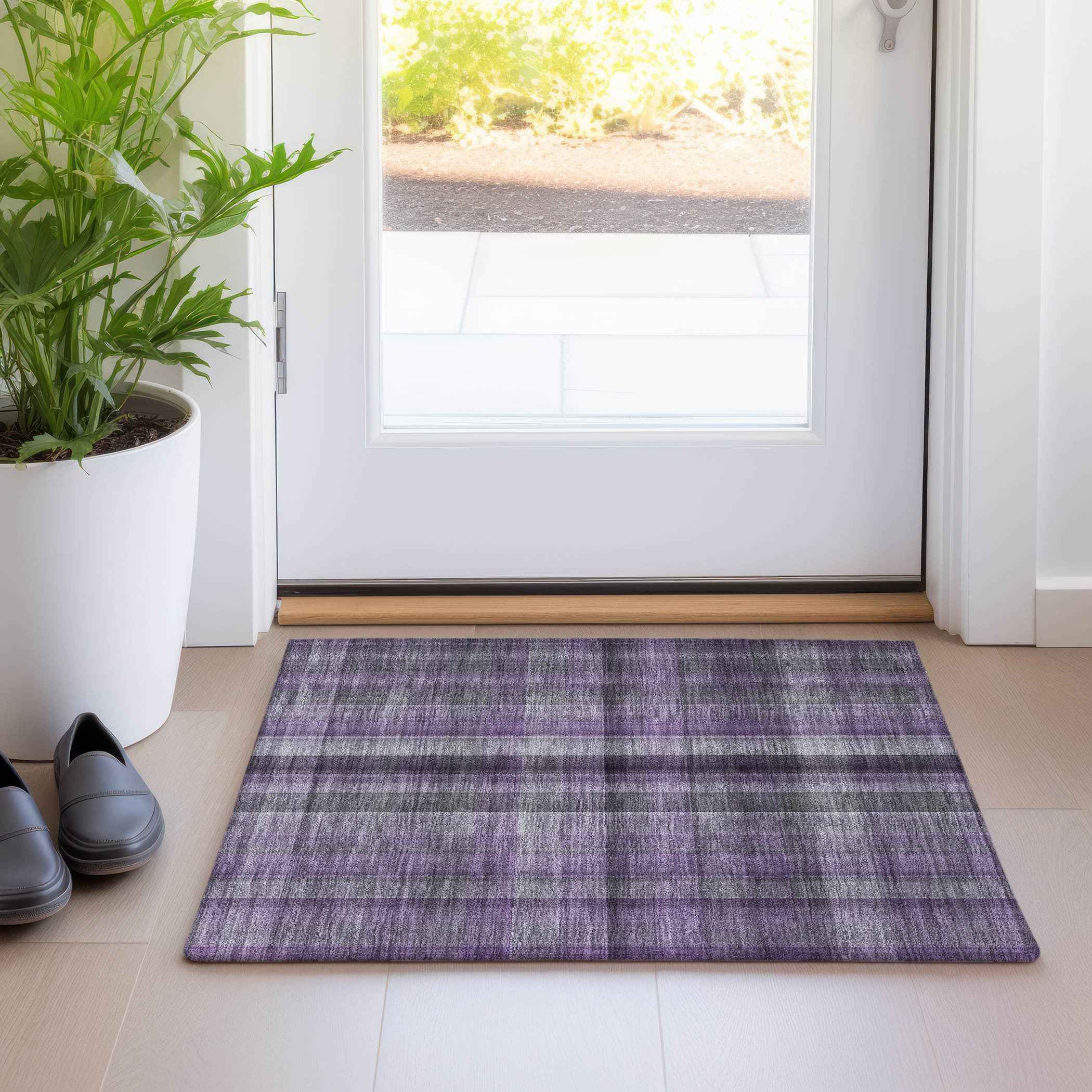 2' X 3' Purple Plaid Washable Non Skid Indoor Outdoor Area Rug