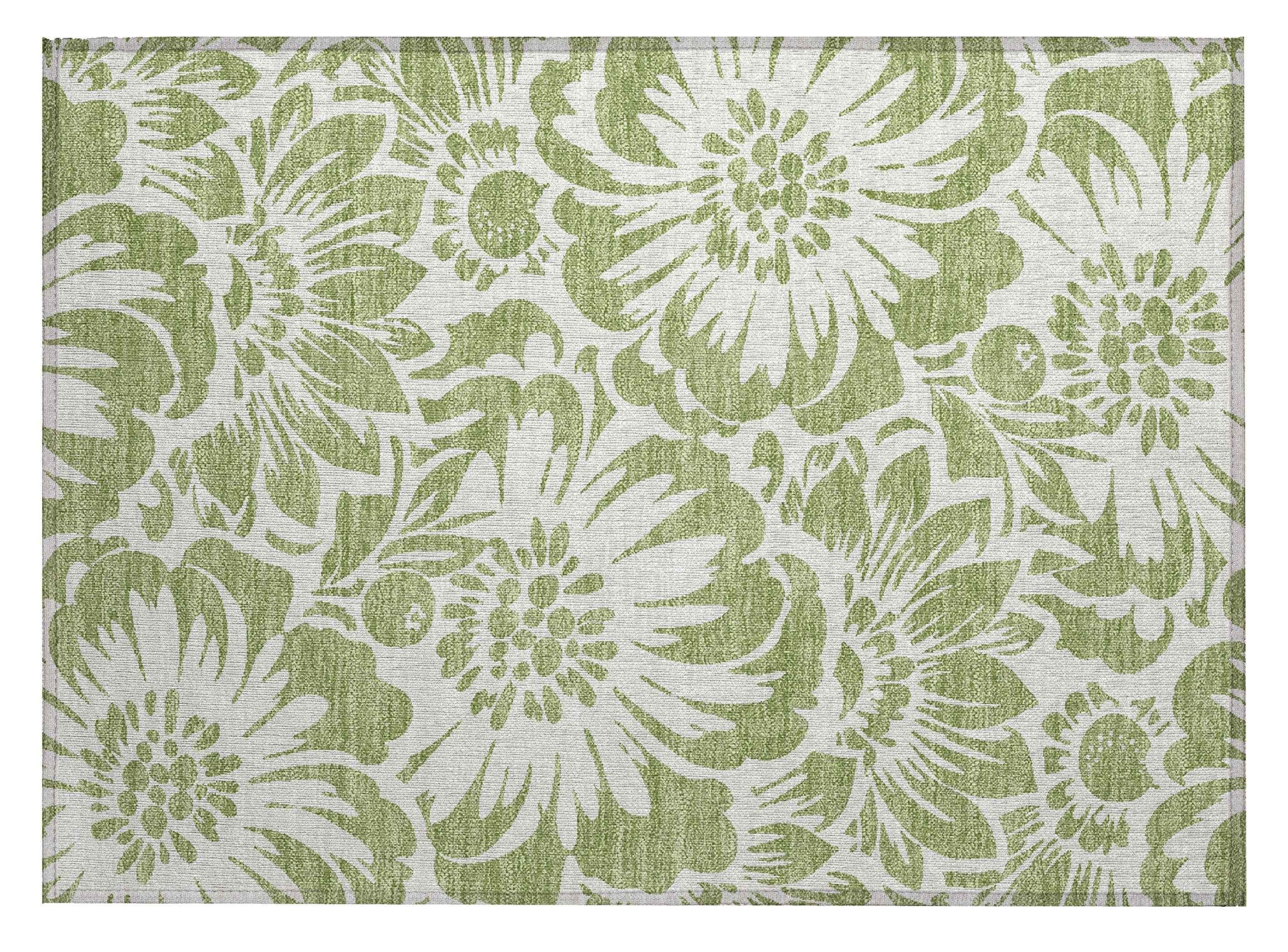 2' X 3' Green and Ivory Floral Washable Non Skid Indoor Outdoor Area Rug