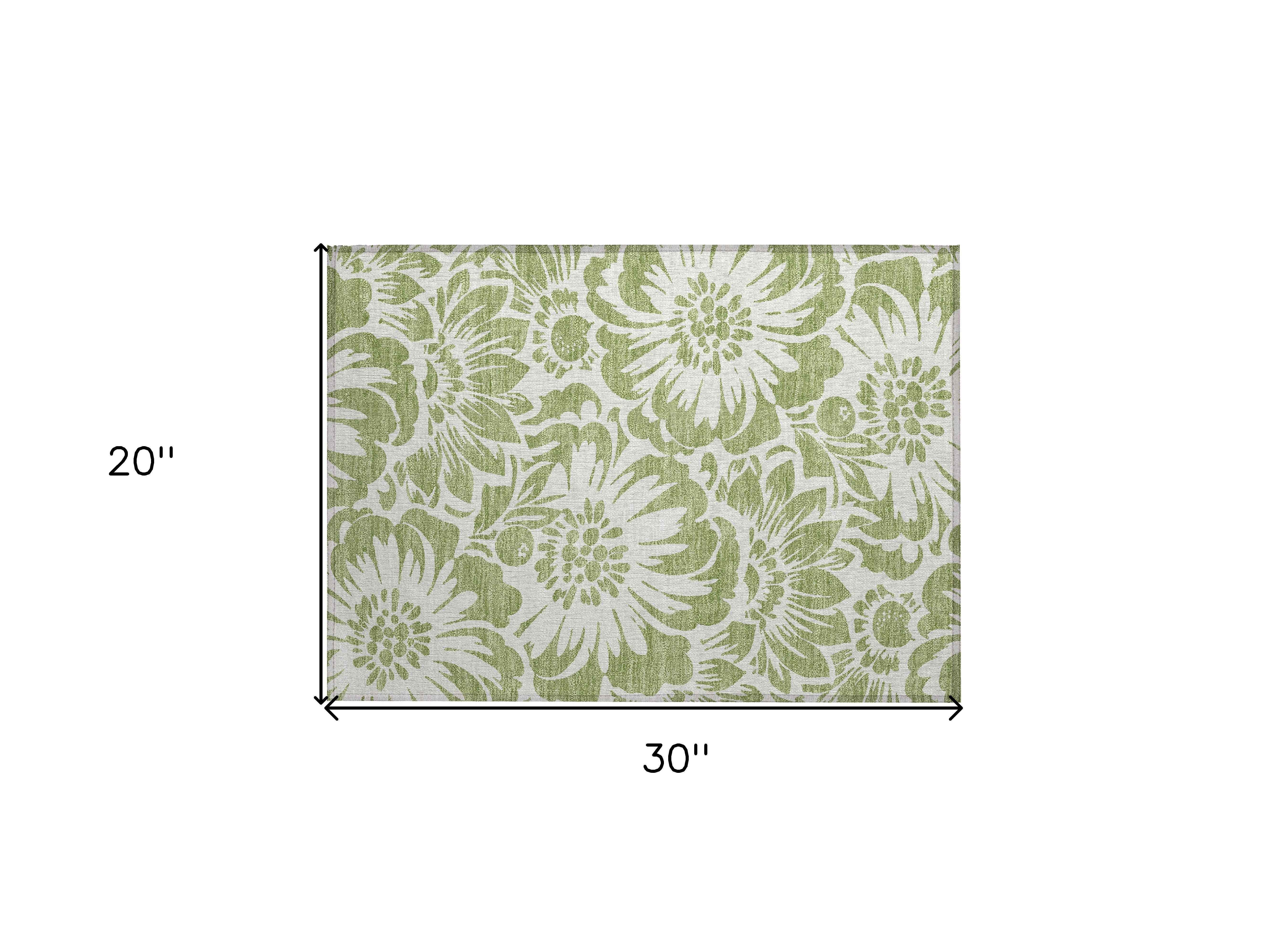 2' X 3' Green and Ivory Floral Washable Non Skid Indoor Outdoor Area Rug