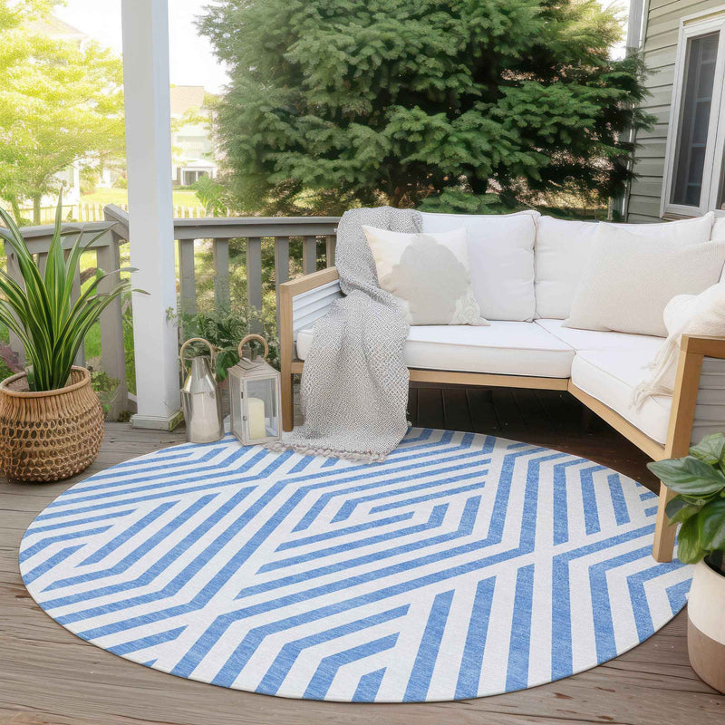 8' Round Blue and Ivory Round Geometric Washable Non Skid Indoor Outdoor Area Rug