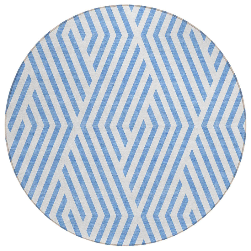 8' Round Blue and Ivory Round Geometric Washable Non Skid Indoor Outdoor Area Rug