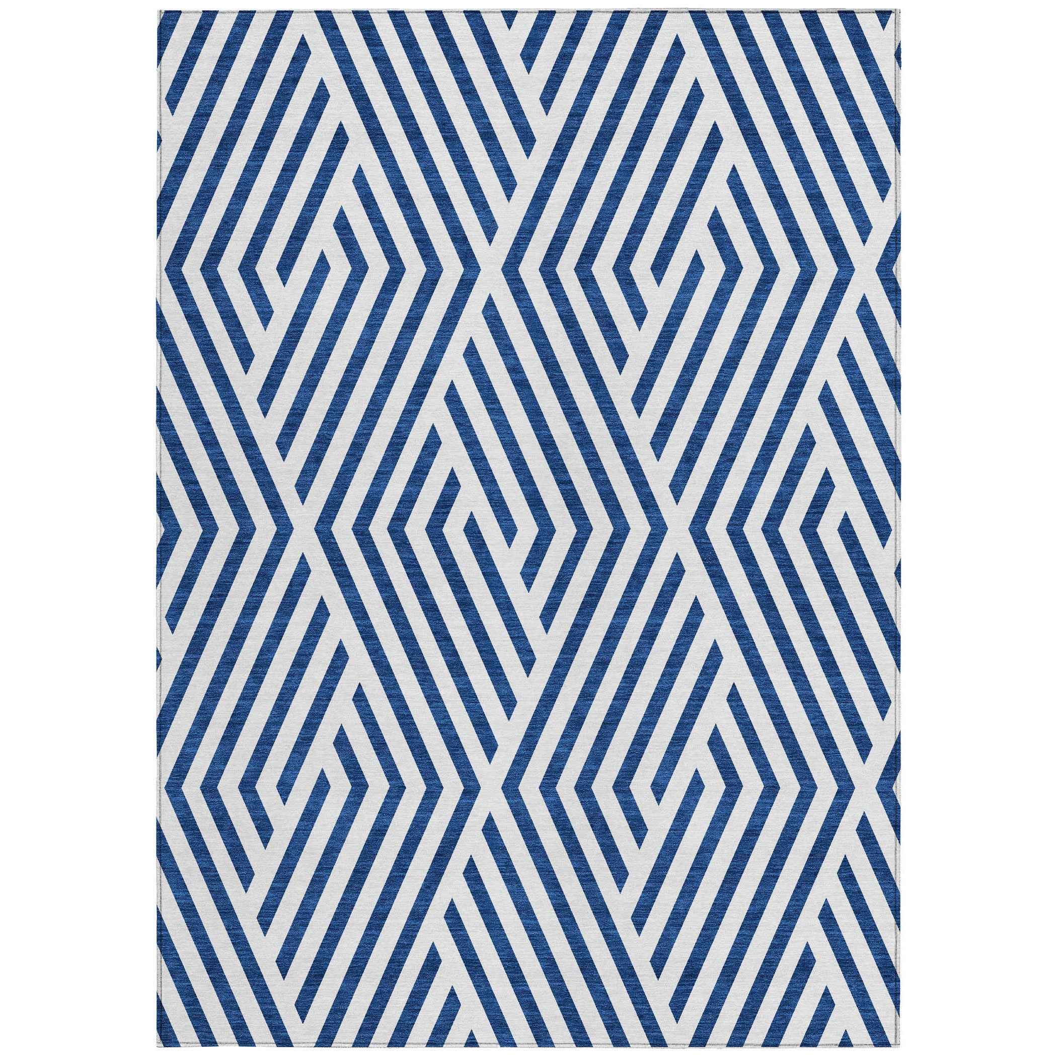 9' X 12' Navy and White Geometric Washable Non Skid Indoor Outdoor Area Rug