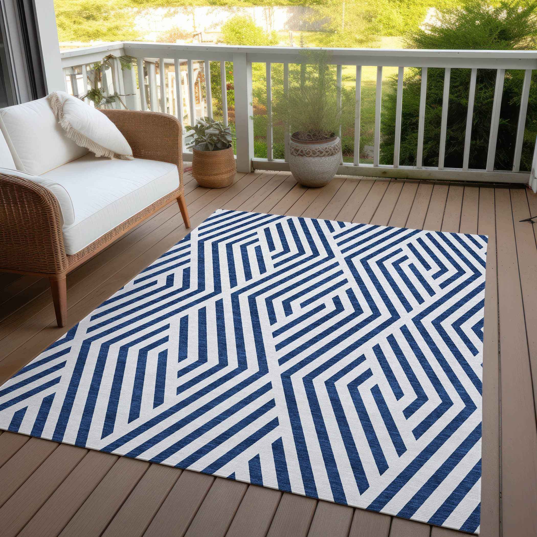 9' X 12' Navy and White Geometric Washable Non Skid Indoor Outdoor Area Rug
