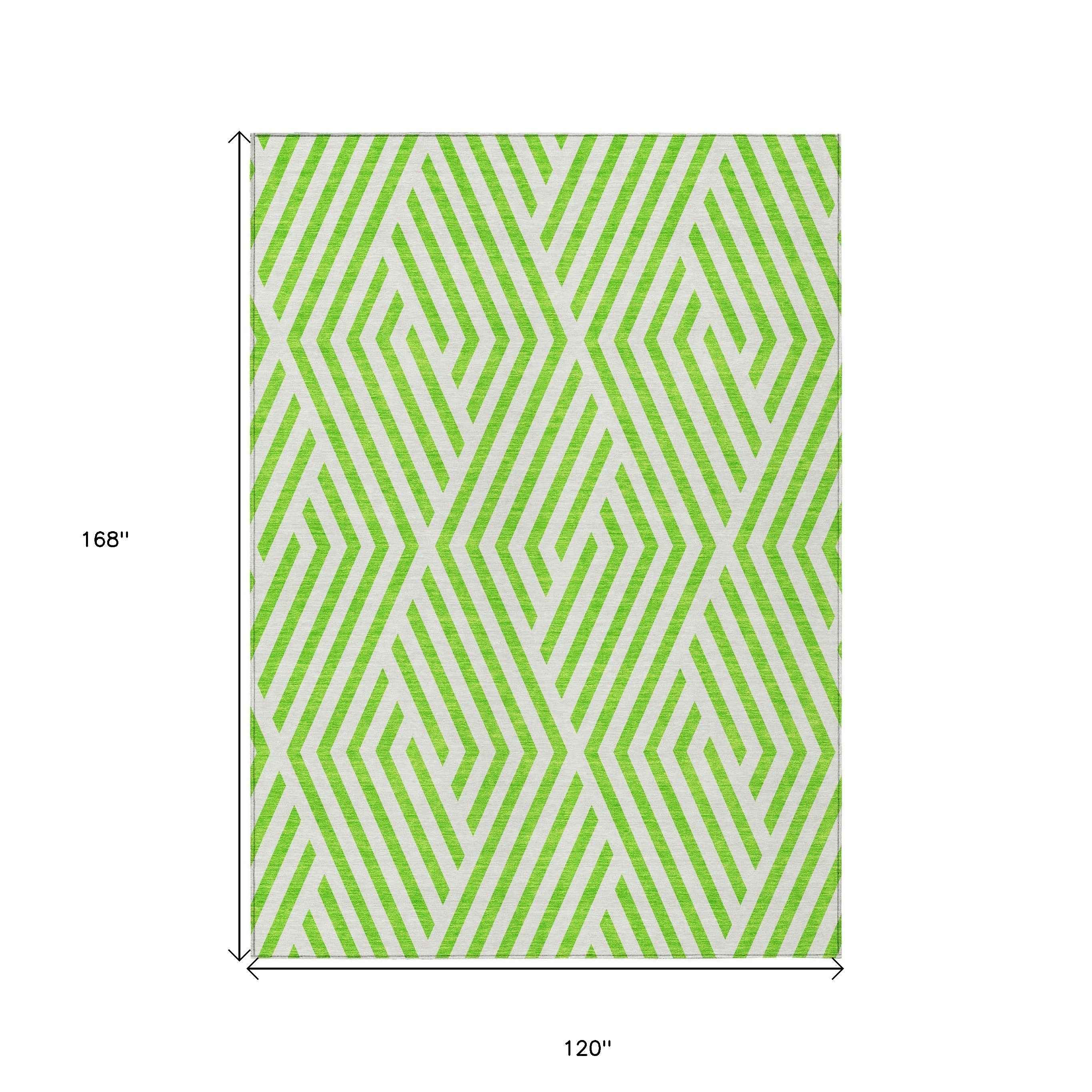 10' X 14' Lime Green and White Geometric Washable Non Skid Indoor Outdoor Area Rug