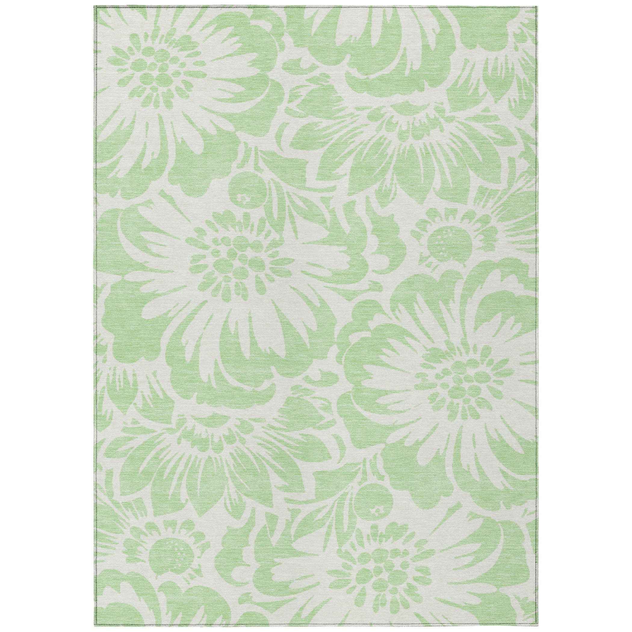 3' X 5' Mint Green and Ivory Floral Washable Non Skid Indoor Outdoor Area Rug