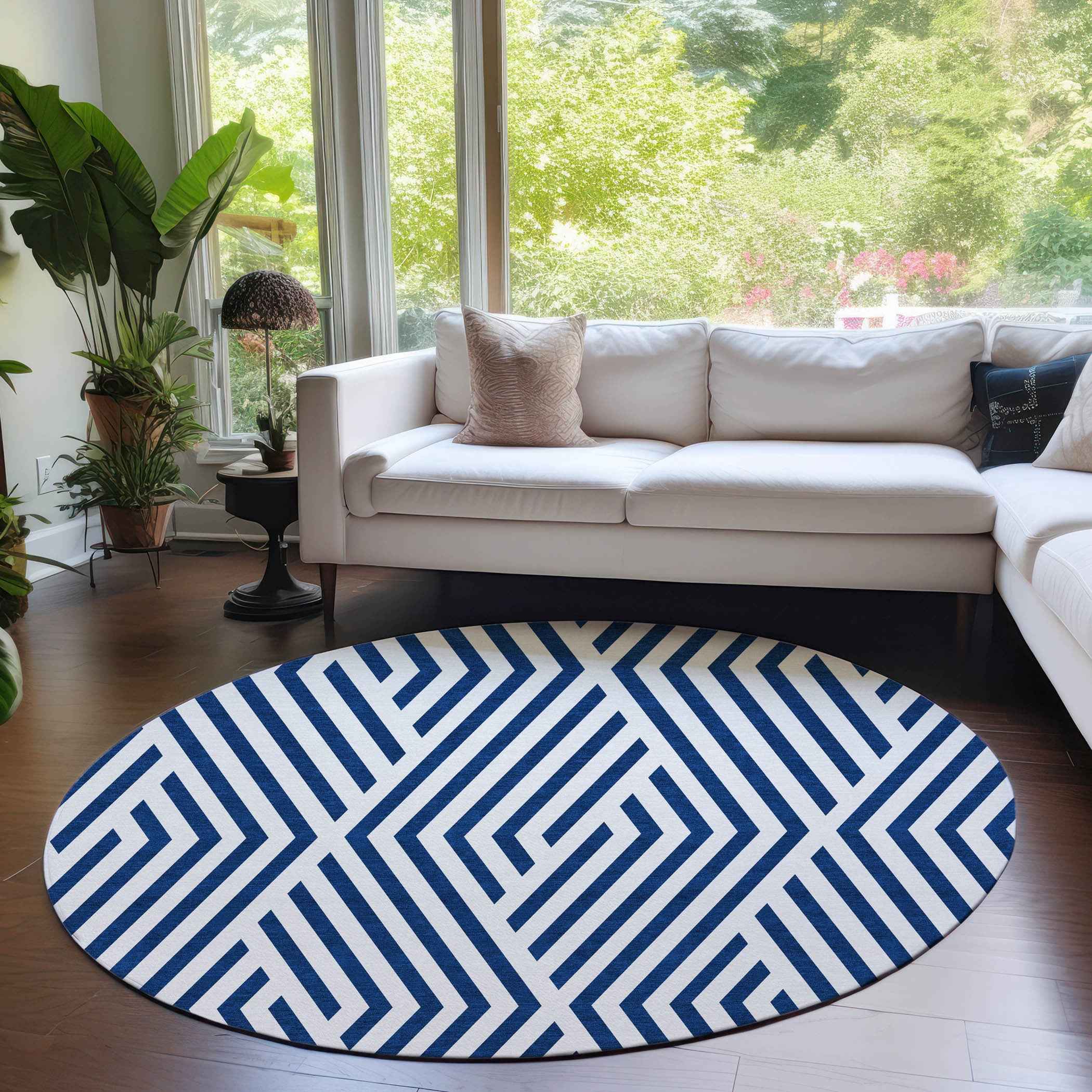 8' Round Navy and White Round Geometric Washable Non Skid Indoor Outdoor Area Rug