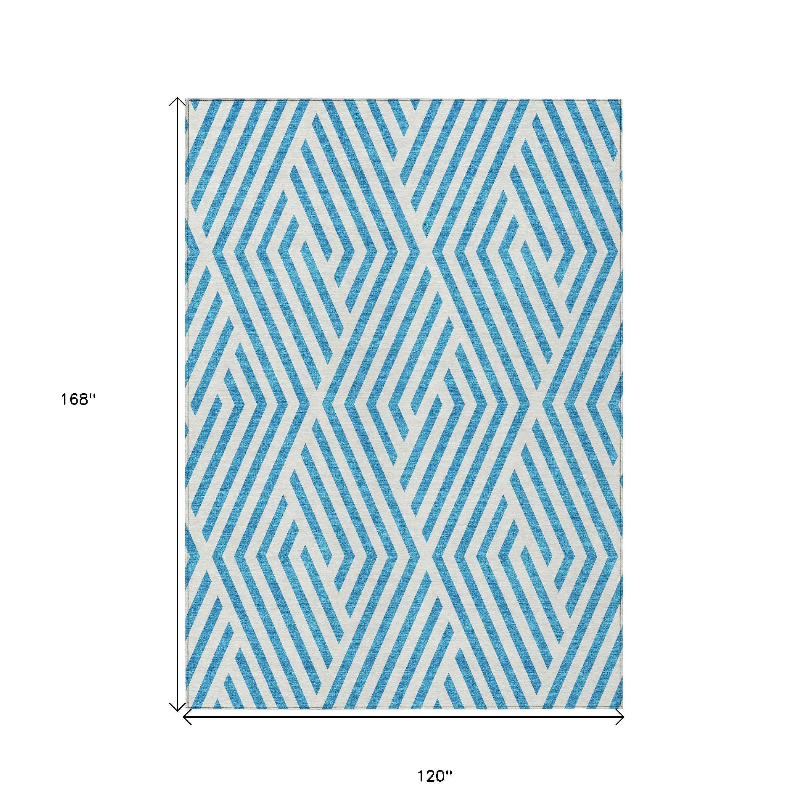 10' X 14' Teal and White Geometric Washable Non Skid Indoor Outdoor Area Rug