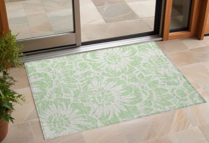 2' X 3' Mint Green and Ivory Floral Washable Non Skid Indoor Outdoor Area Rug
