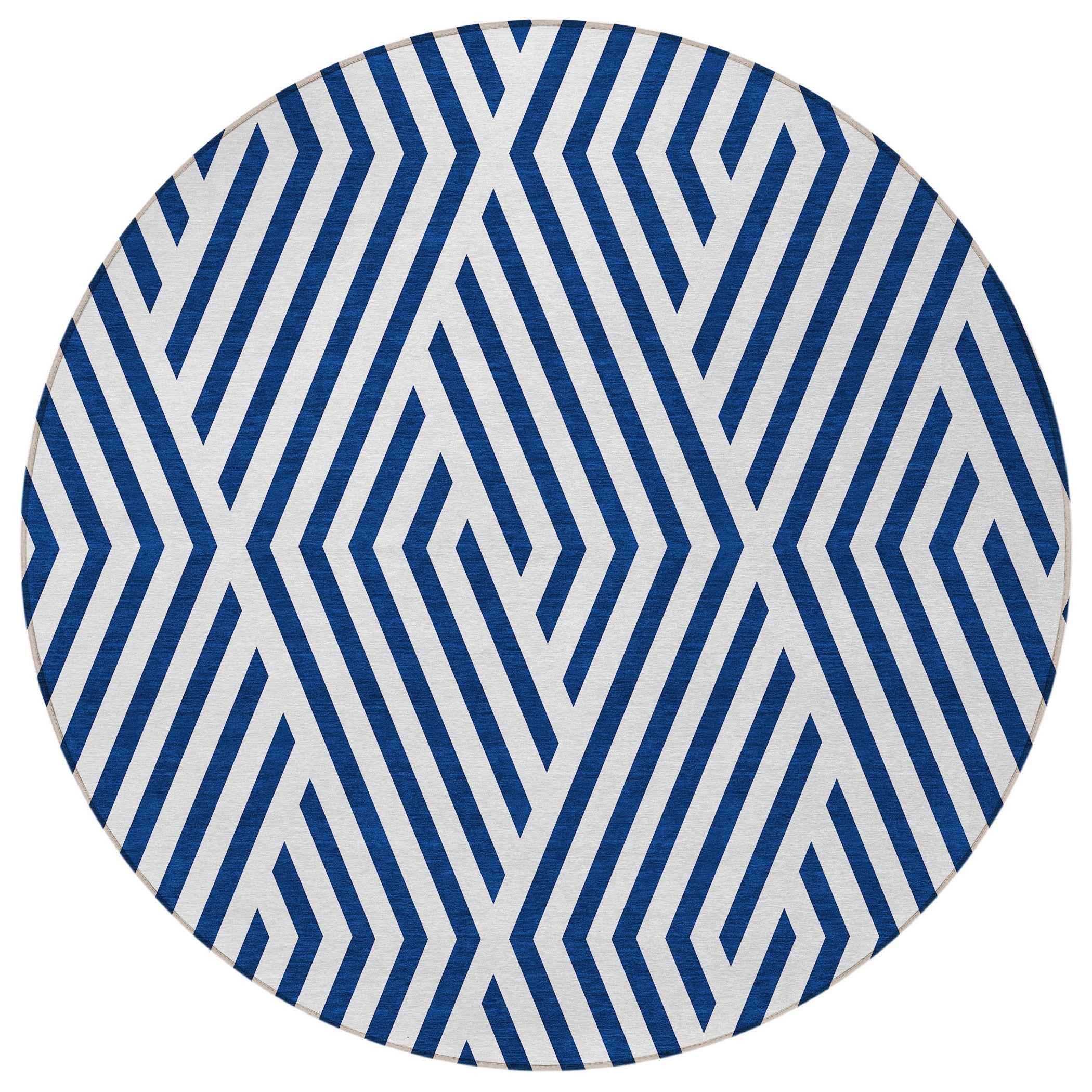 8' Round Navy and White Round Geometric Washable Non Skid Indoor Outdoor Area Rug