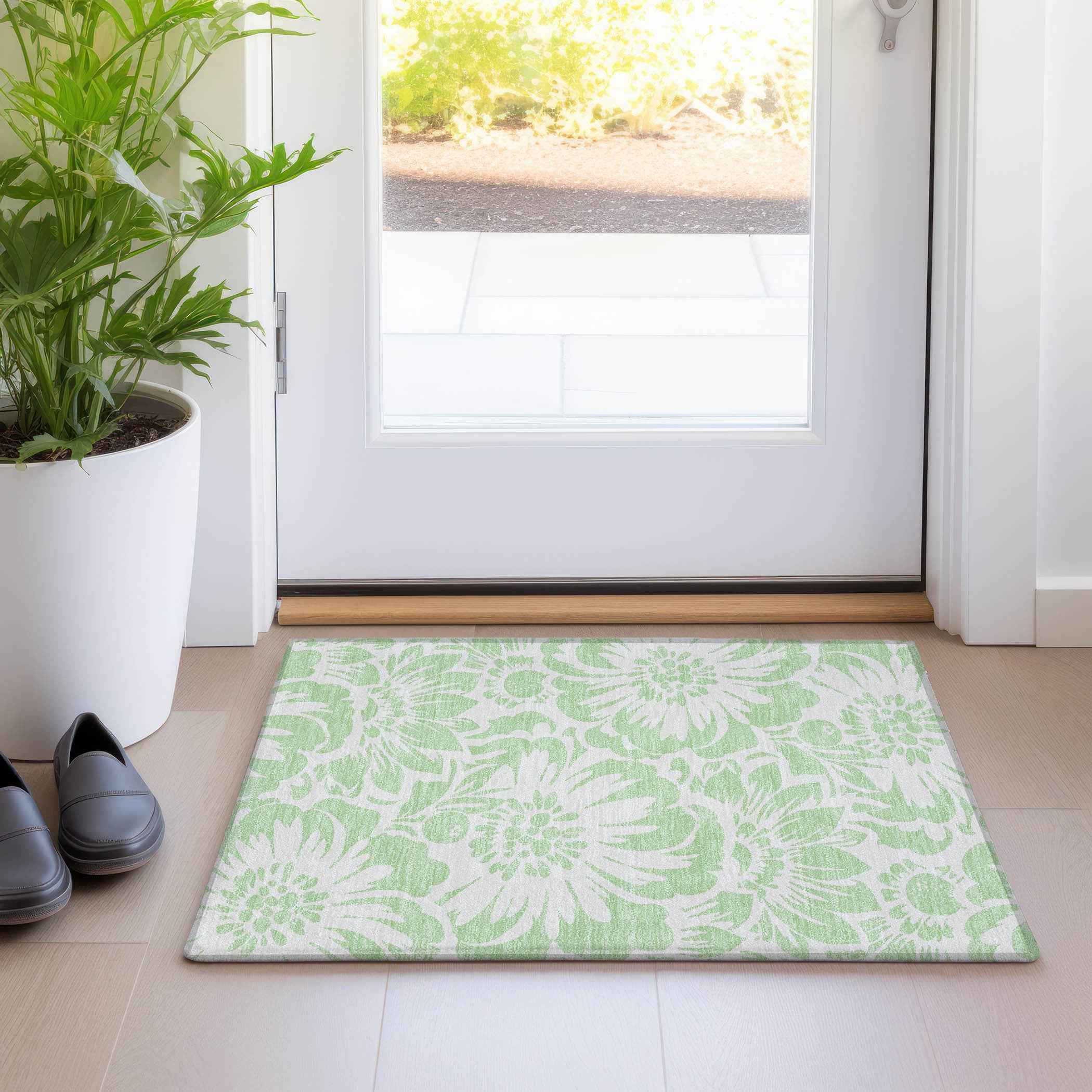 2' X 3' Mint Green and Ivory Floral Washable Non Skid Indoor Outdoor Area Rug
