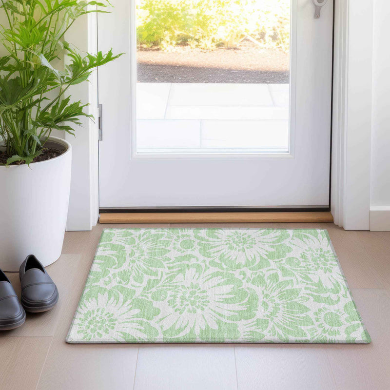 2' X 3' Mint Green and Ivory Floral Washable Non Skid Indoor Outdoor Area Rug