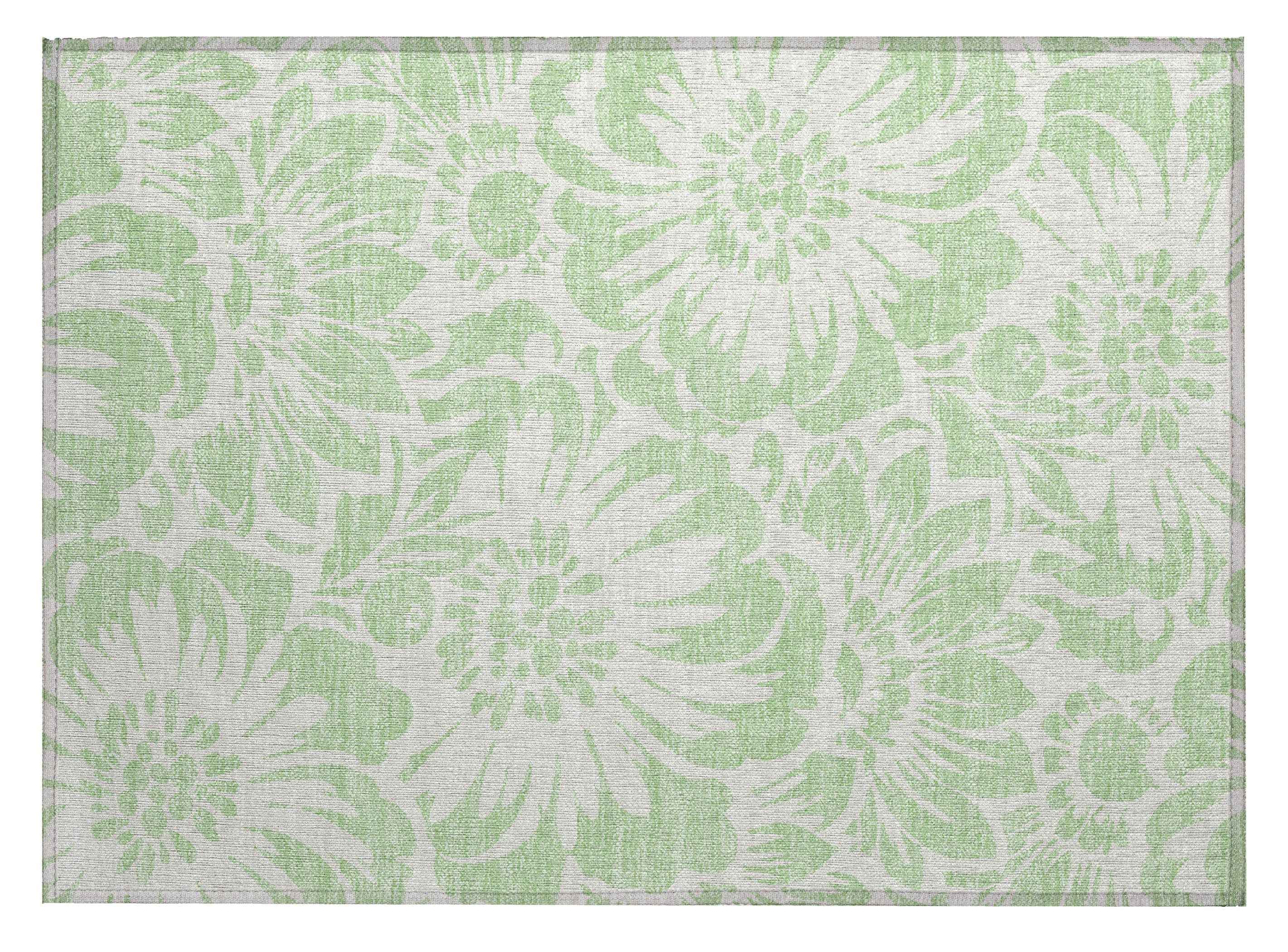 2' X 3' Mint Green and Ivory Floral Washable Non Skid Indoor Outdoor Area Rug