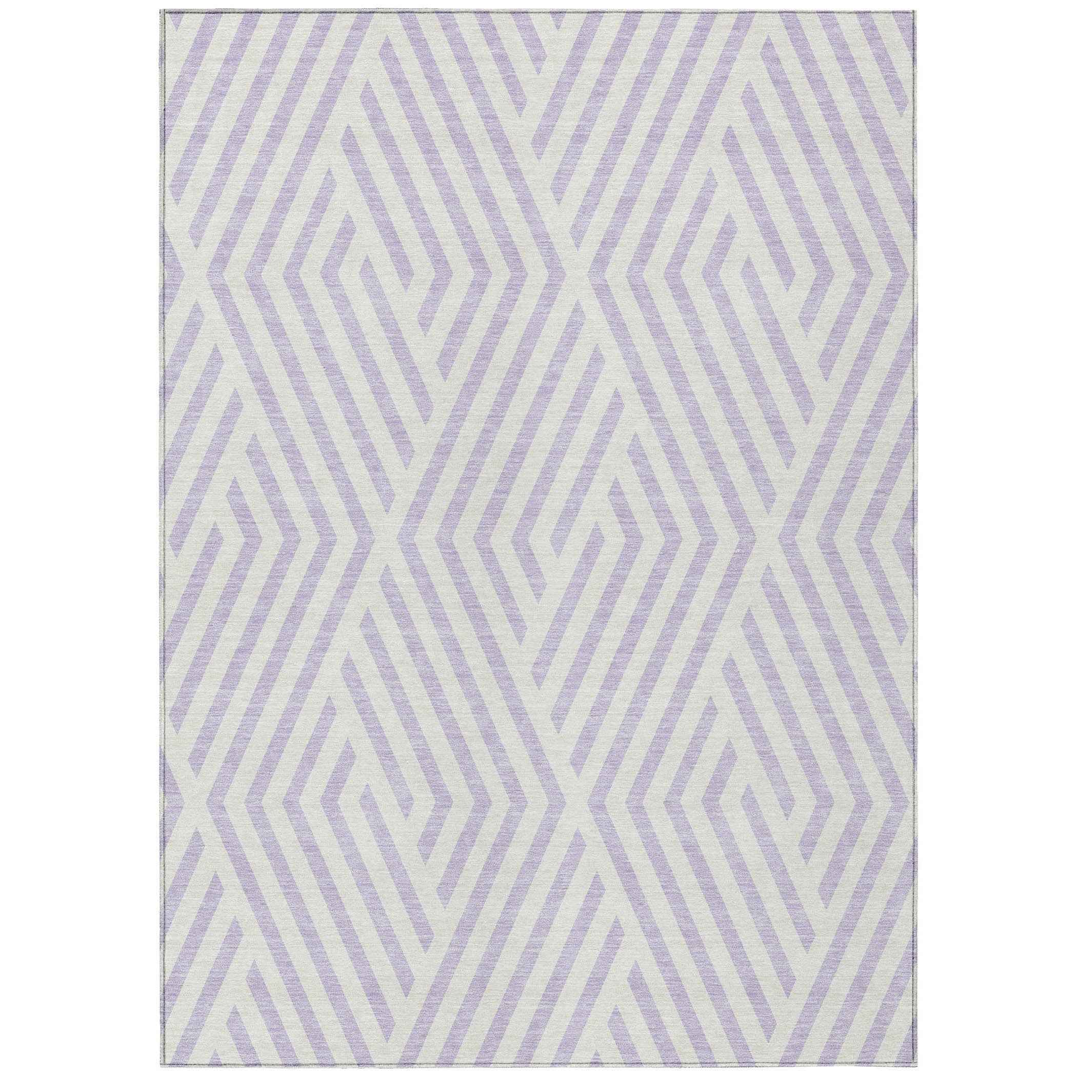 5' X 8' Lavender and Ivory Geometric Washable Non Skid Indoor Outdoor Area Rug