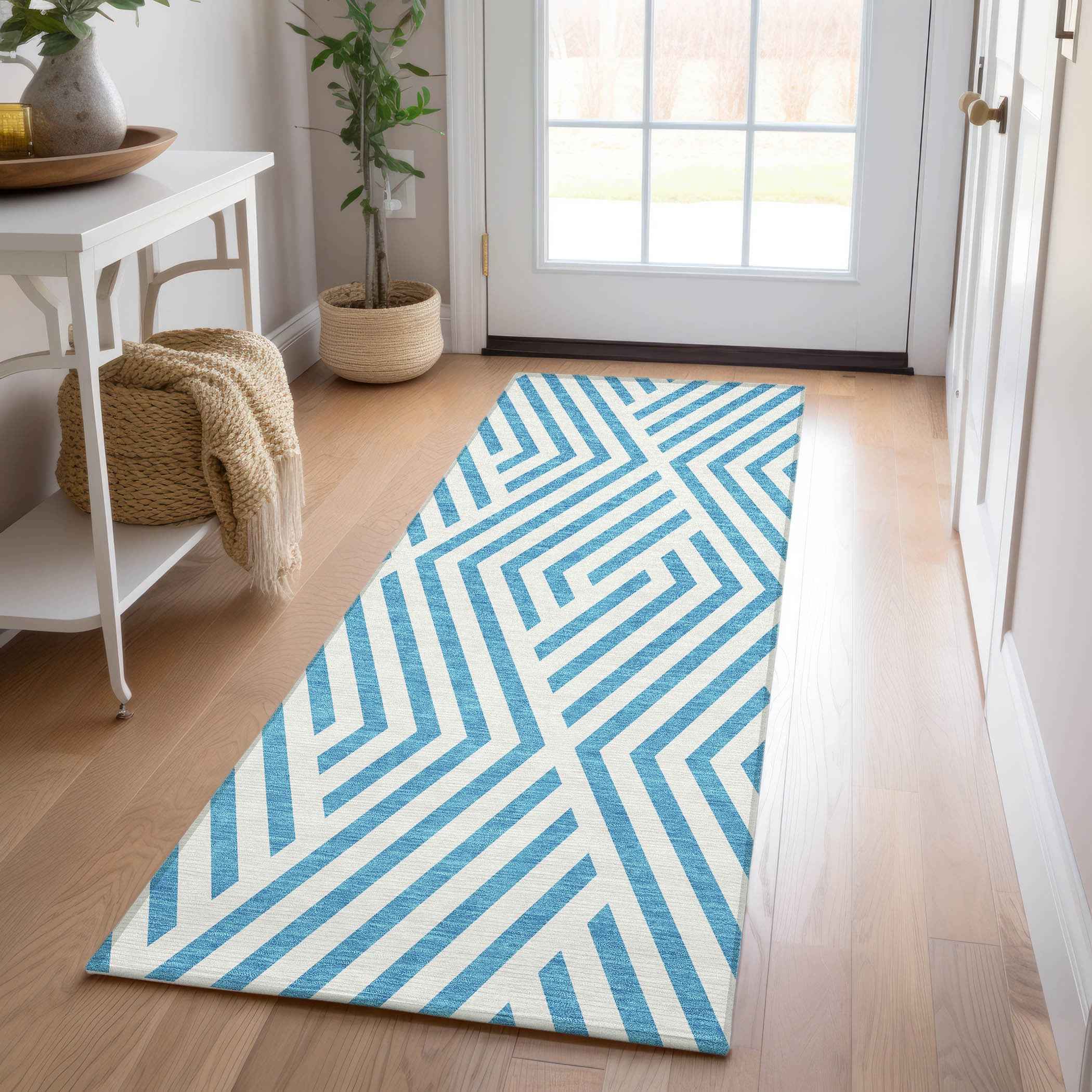 8' Runner Teal and White Geometric Washable Non Skid Indoor Outdoor Runner Rug