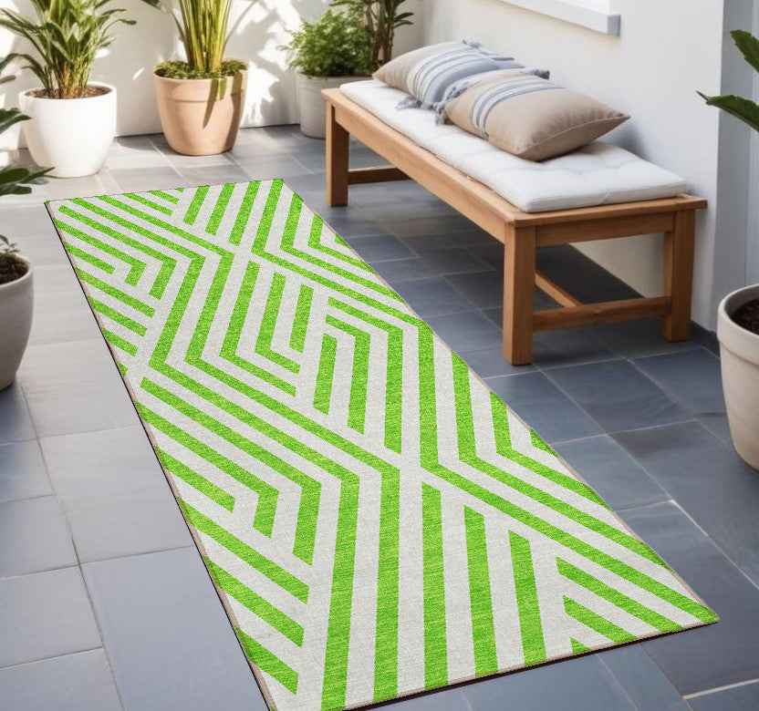 8' Runner Lime Green and White Geometric Washable Non Skid Indoor Outdoor Runner Rug