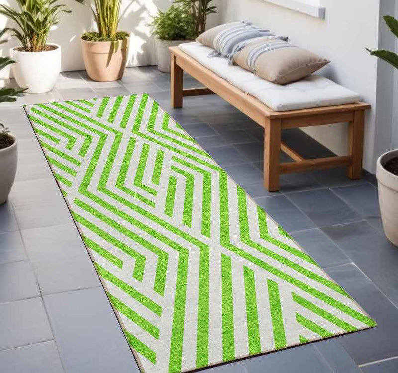 8' Runner Lime Green and White Geometric Washable Non Skid Indoor Outdoor Runner Rug