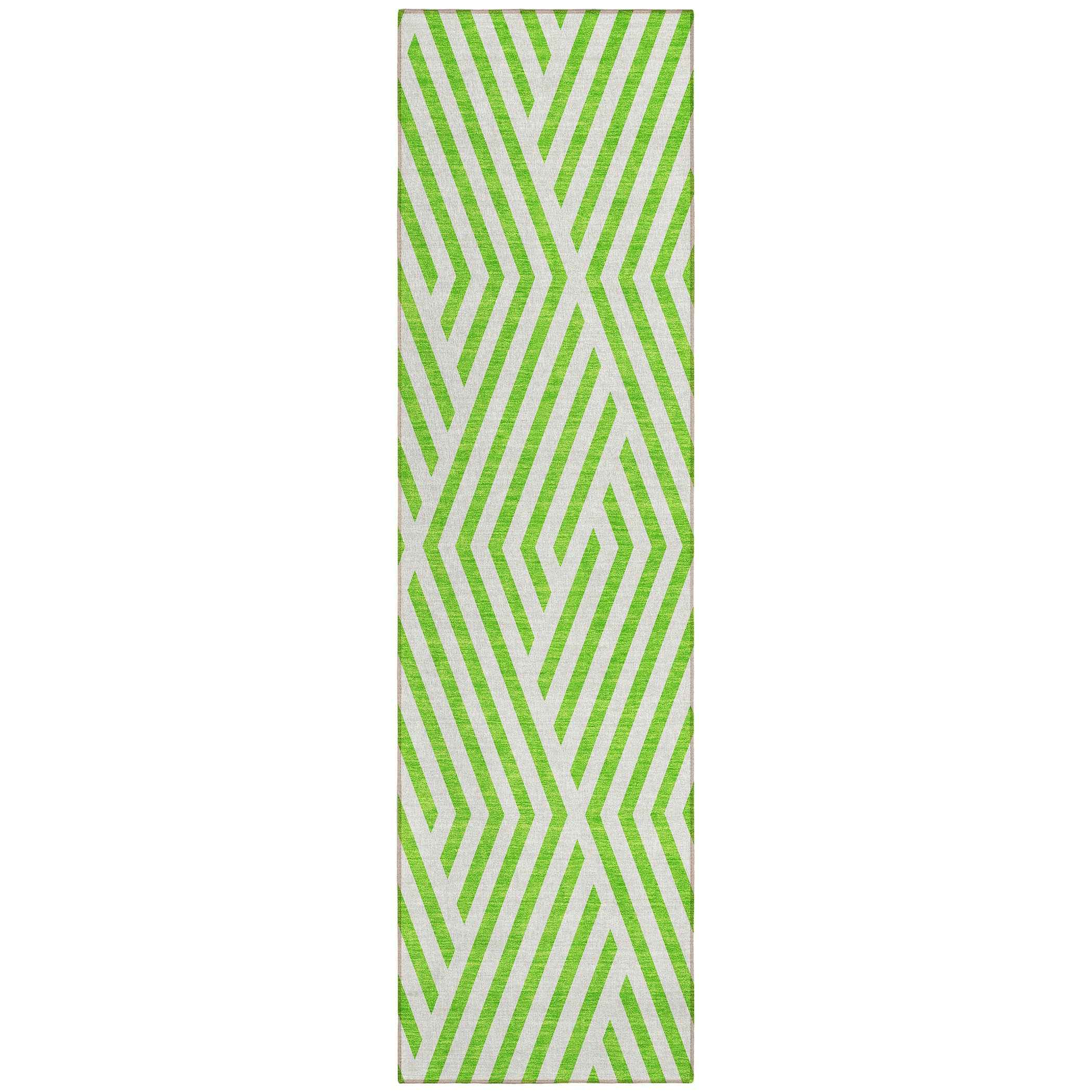 8' Runner Lime Green and White Geometric Washable Non Skid Indoor Outdoor Runner Rug