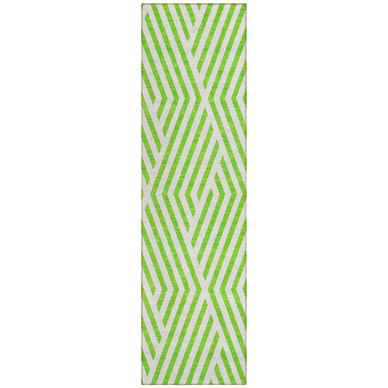 8' Runner Lime Green and White Geometric Washable Non Skid Indoor Outdoor Runner Rug