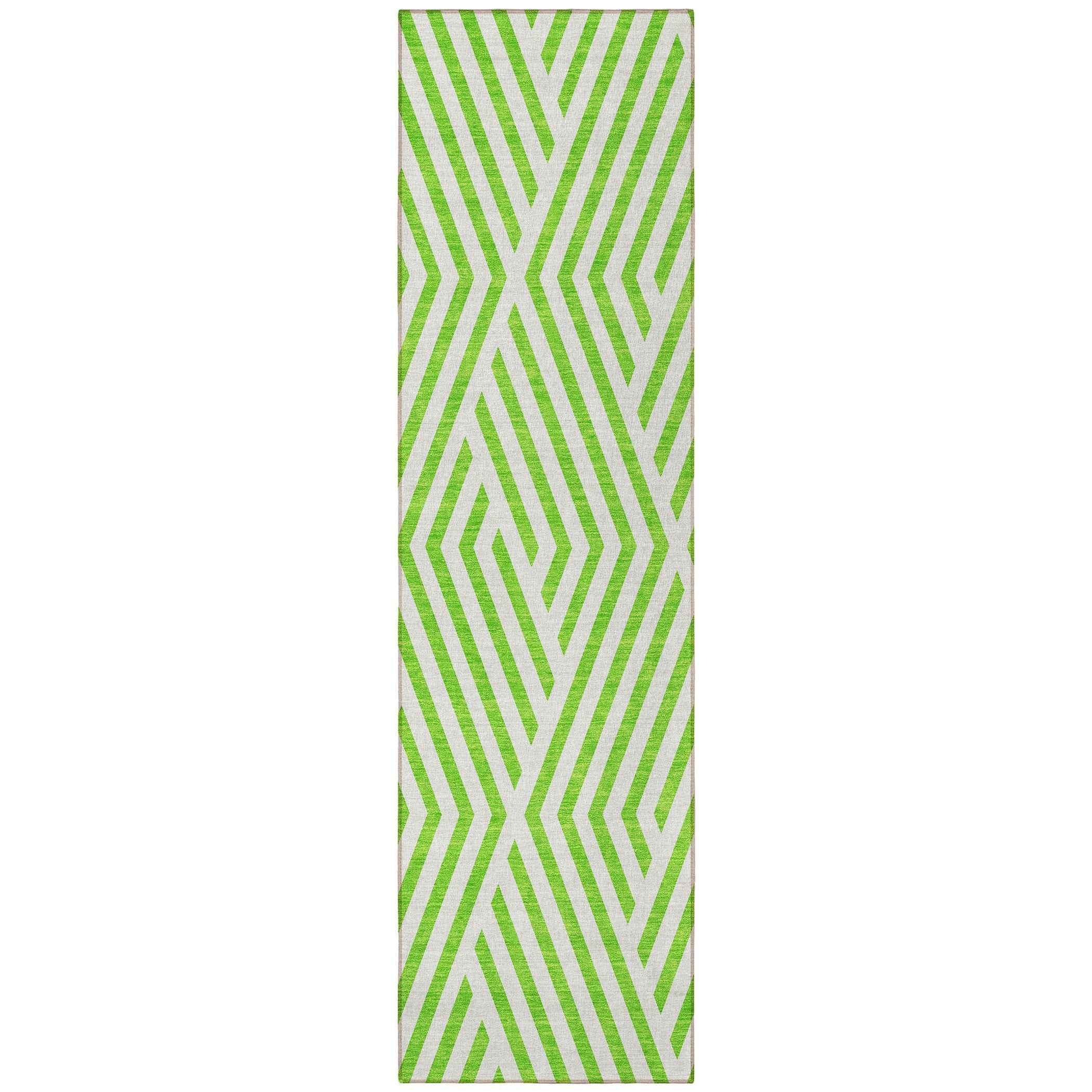 8' Runner Lime Green and White Geometric Washable Non Skid Indoor Outdoor Runner Rug