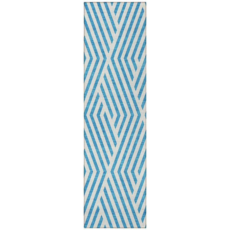 8' Runner Teal and White Geometric Washable Non Skid Indoor Outdoor Runner Rug