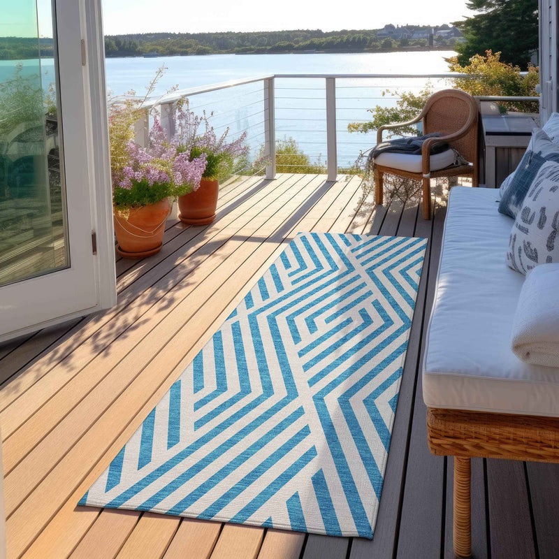 8' Runner Teal and White Geometric Washable Non Skid Indoor Outdoor Runner Rug