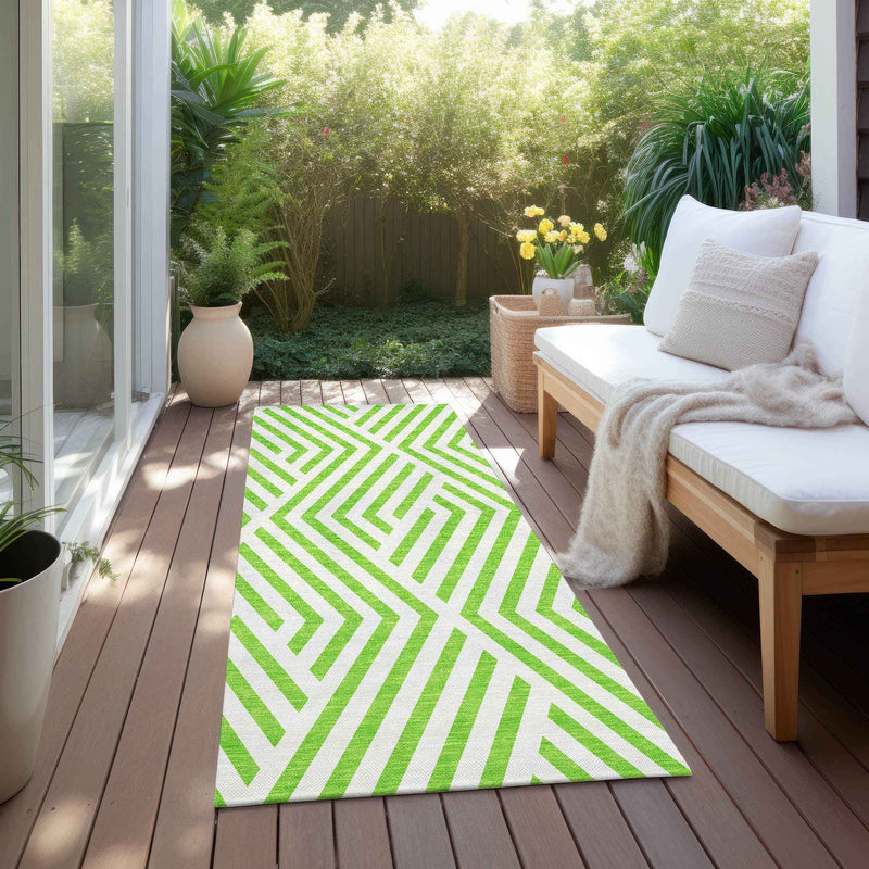 8' Runner Lime Green and White Geometric Washable Non Skid Indoor Outdoor Runner Rug
