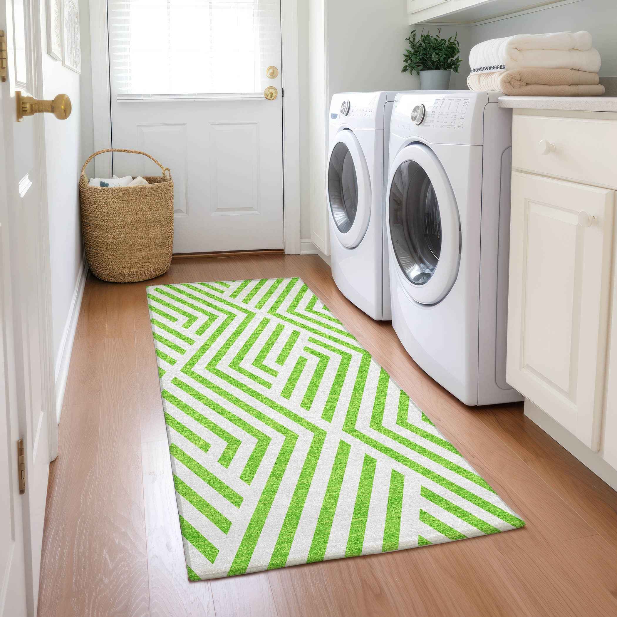 8' Runner Lime Green and White Geometric Washable Non Skid Indoor Outdoor Runner Rug
