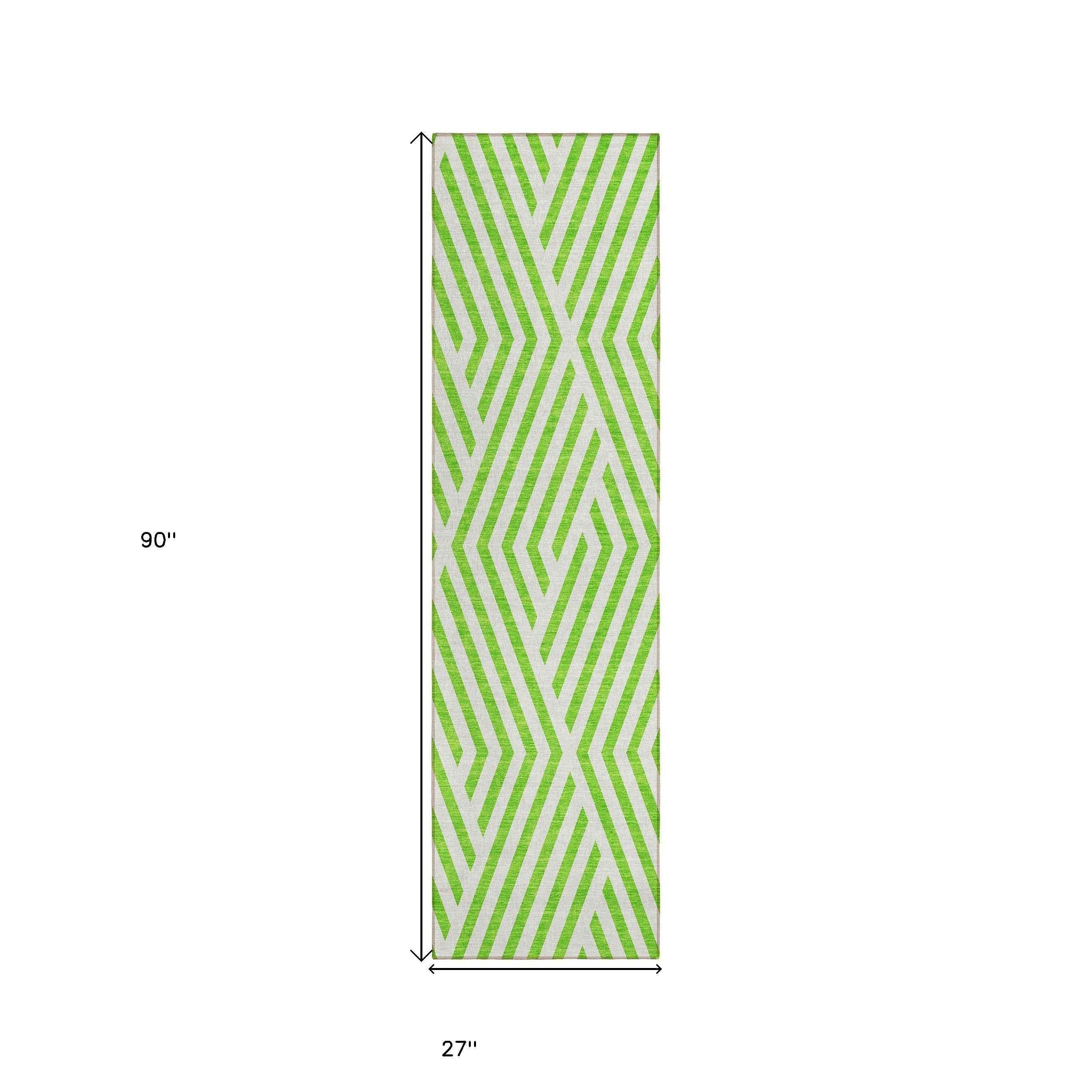 8' Runner Lime Green and White Geometric Washable Non Skid Indoor Outdoor Runner Rug