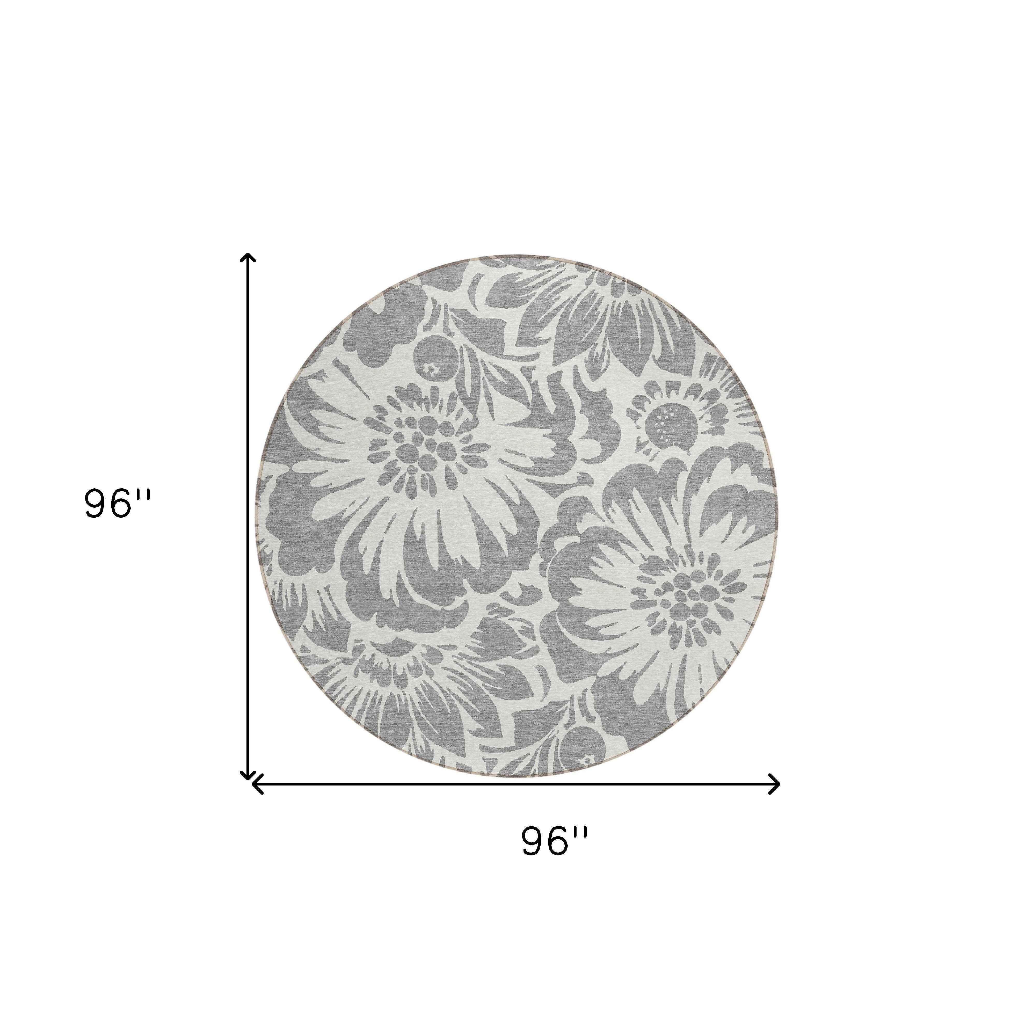 8' Round Gray and Ivory Round Floral Washable Non Skid Indoor Outdoor Area Rug
