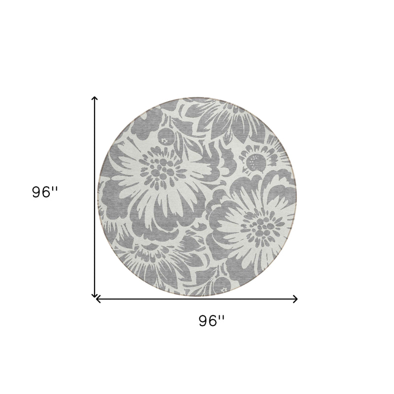 8' Round Gray and Ivory Round Floral Washable Non Skid Indoor Outdoor Area Rug