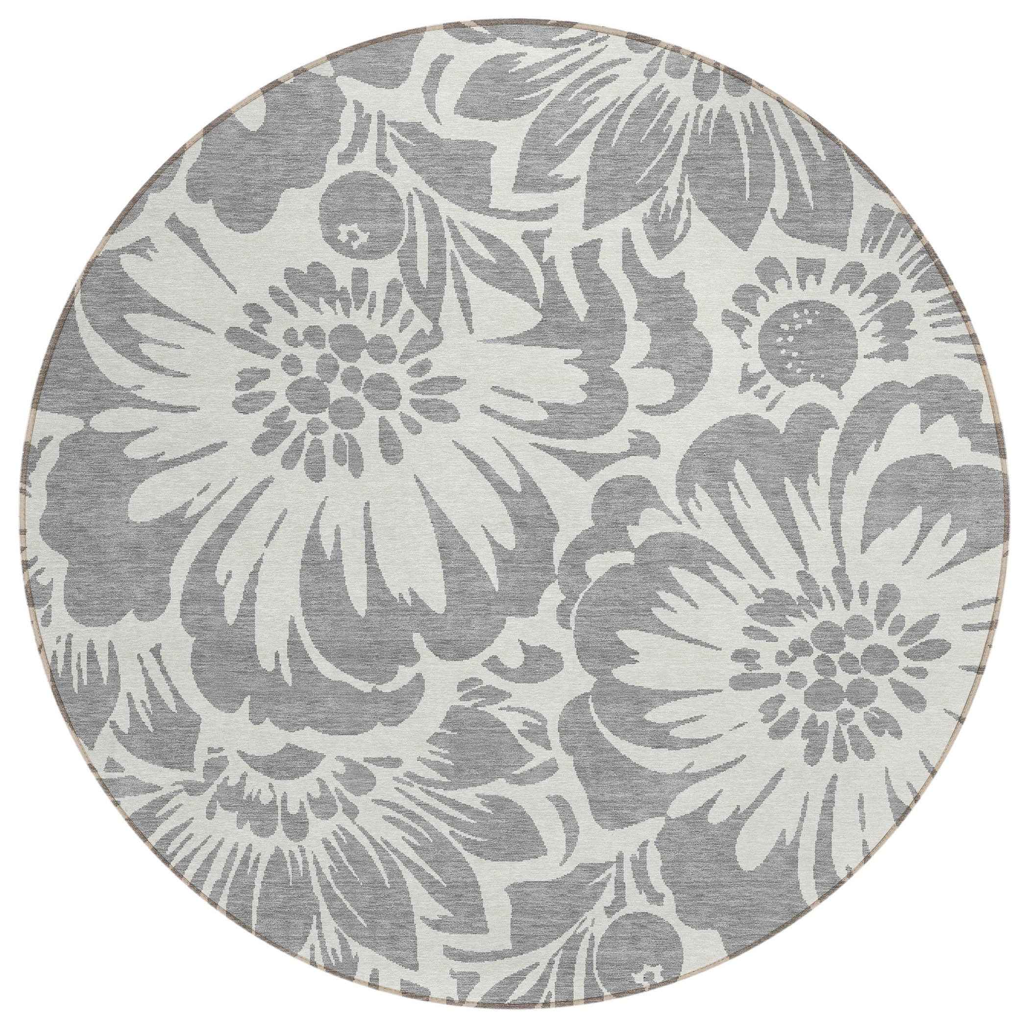 8' Round Gray and Ivory Round Floral Washable Non Skid Indoor Outdoor Area Rug