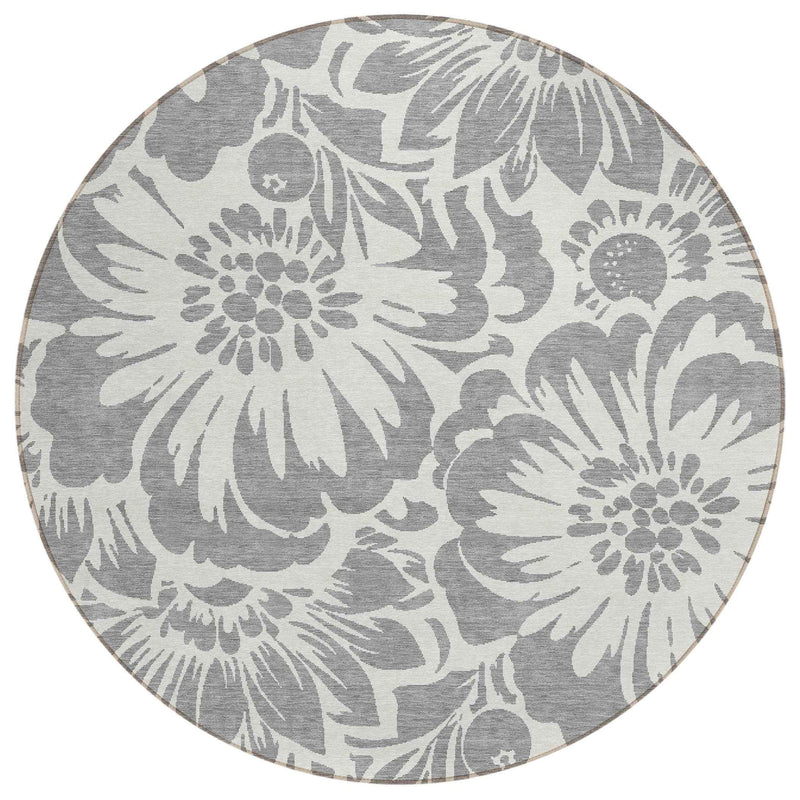 8' Round Gray and Ivory Round Floral Washable Non Skid Indoor Outdoor Area Rug