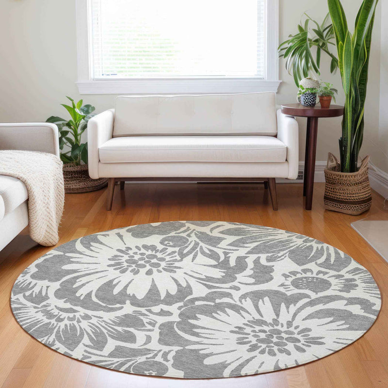 8' Round Gray and Ivory Round Floral Washable Non Skid Indoor Outdoor Area Rug