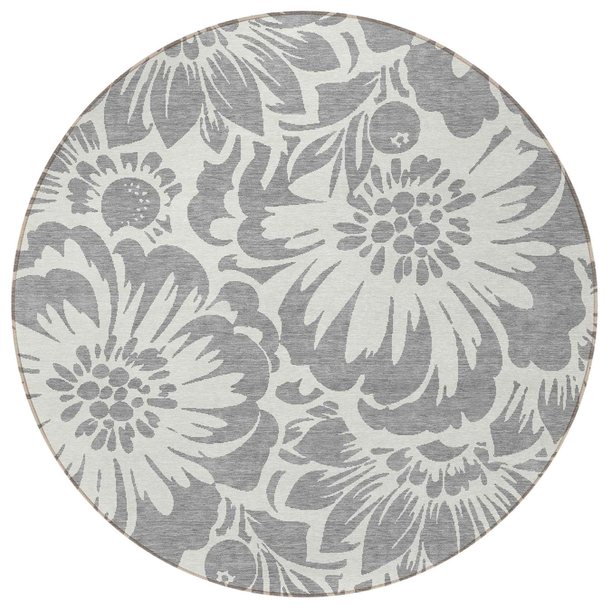 8' Round Gray and Ivory Round Floral Washable Non Skid Indoor Outdoor Area Rug