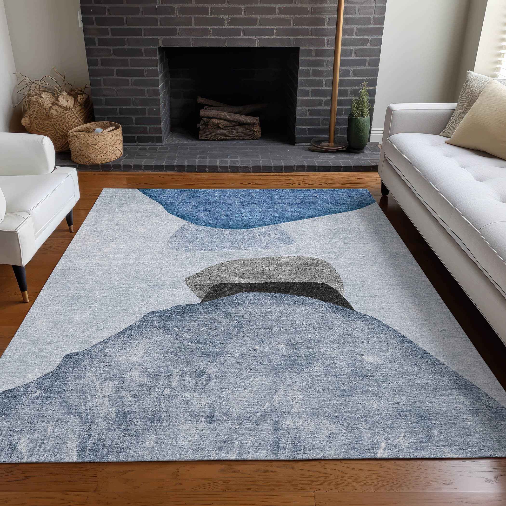 8' X 10' Blue Gray and Black Abstract Washable Non Skid Indoor Outdoor Area Rug