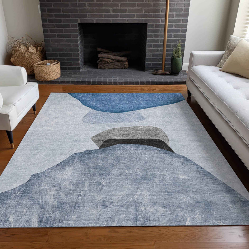 8' X 10' Blue Gray and Black Abstract Washable Non Skid Indoor Outdoor Area Rug