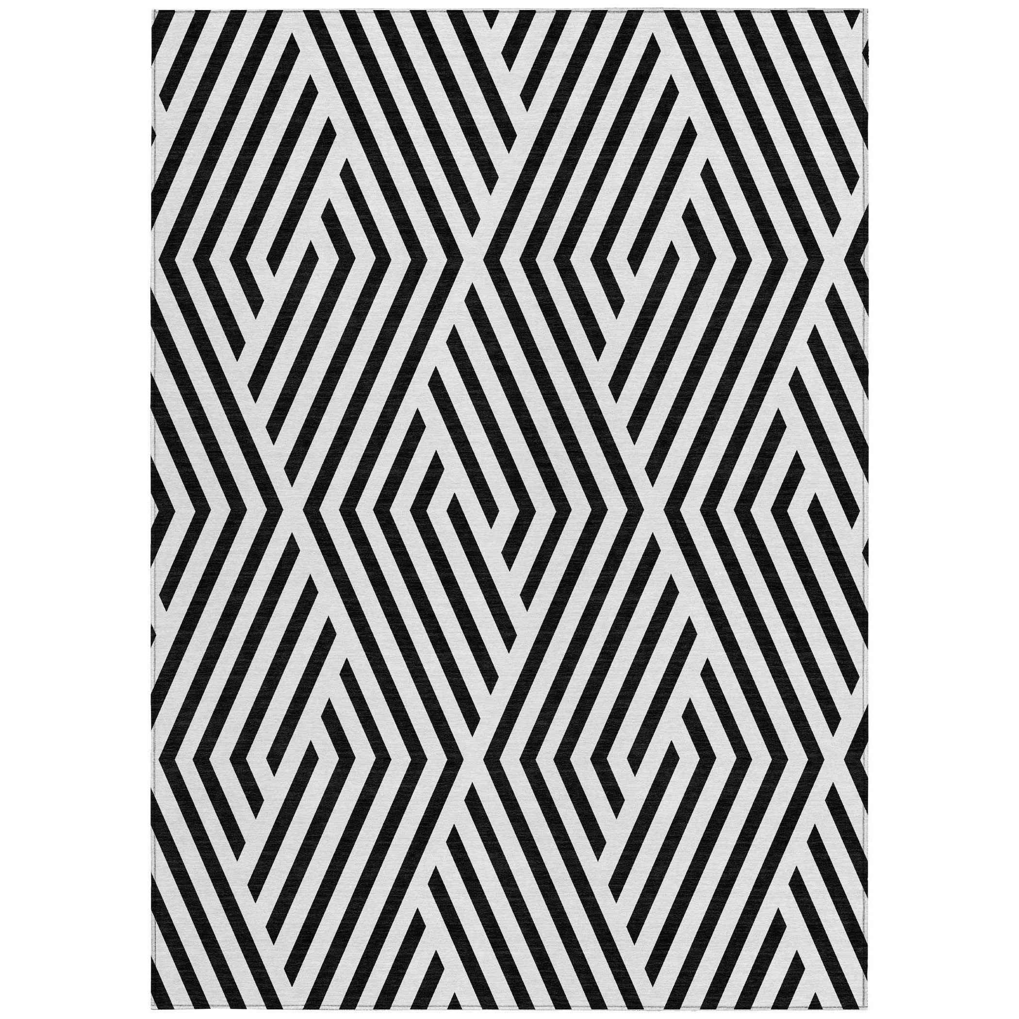 9' X 12' Black and White Geometric Washable Non Skid Indoor Outdoor Area Rug