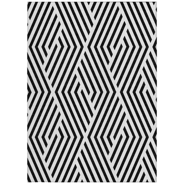 9' X 12' Black and White Geometric Washable Non Skid Indoor Outdoor Area Rug