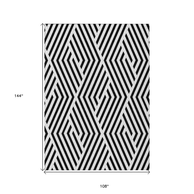 9' X 12' Black and White Geometric Washable Non Skid Indoor Outdoor Area Rug