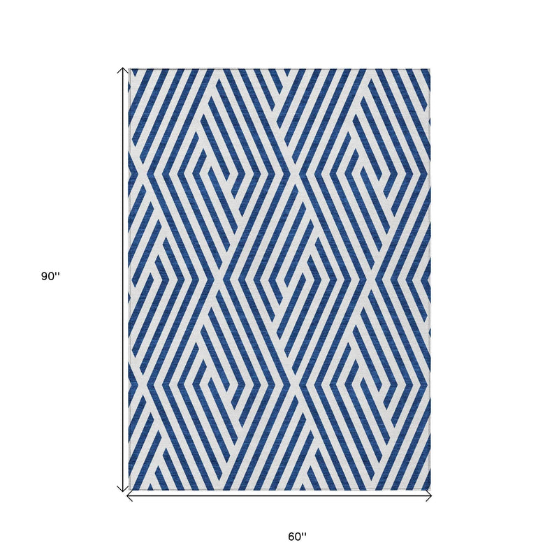 5' X 8' Navy and White Geometric Washable Non Skid Indoor Outdoor Area Rug