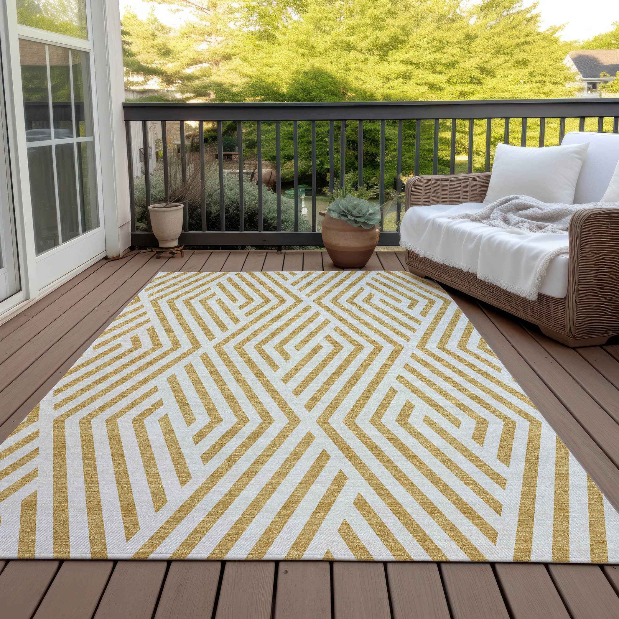5' X 8' Gold and White Geometric Washable Non Skid Indoor Outdoor Area Rug