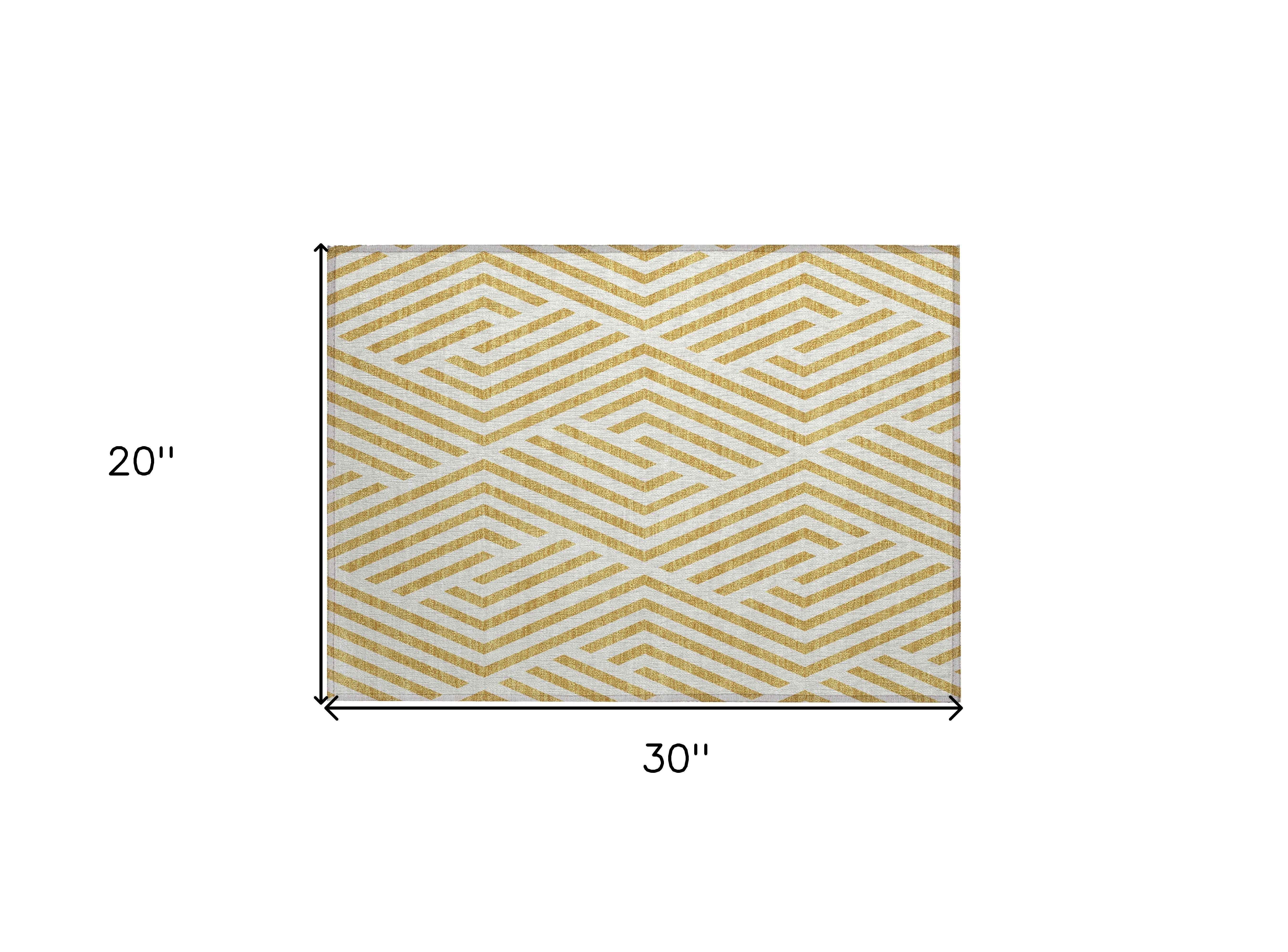 2' X 3' Gold and White Geometric Washable Non Skid Indoor Outdoor Area Rug