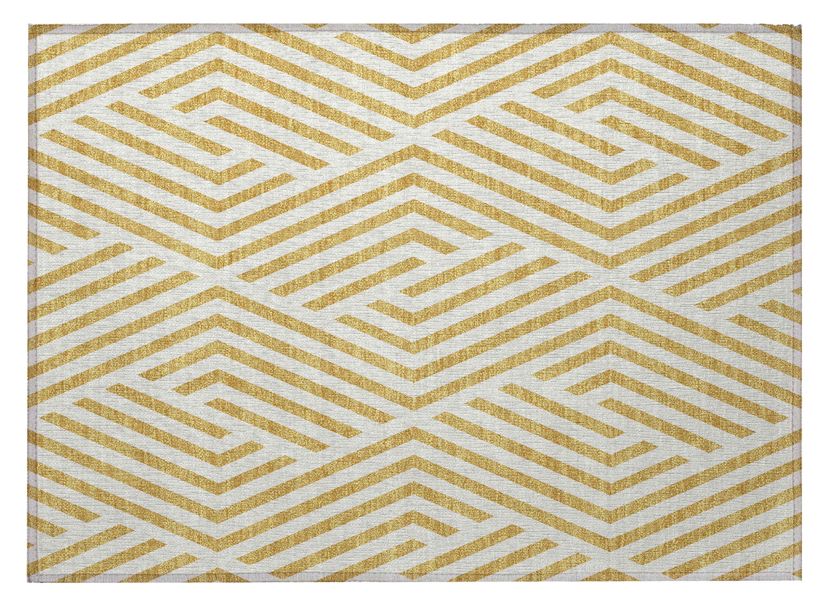 2' X 3' Gold and White Geometric Washable Non Skid Indoor Outdoor Area Rug
